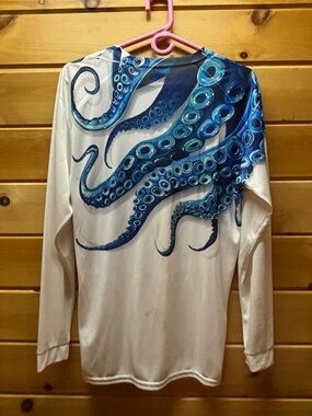 White Long-Sleeve Top with Blue Octopus Tentacle Print